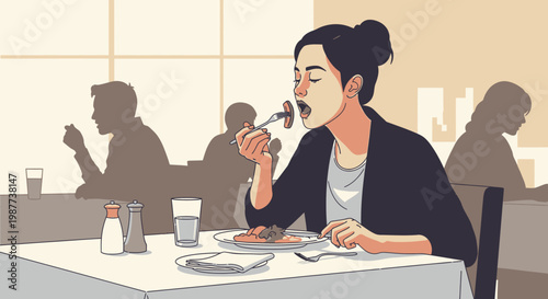 Woman eating at a restaurant table.