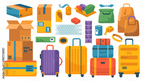 A colorful arrangement of shipping boxes travel luggage and packing materials is displayed on a clean white background high quality professional detailed modern elegant stylish crisp