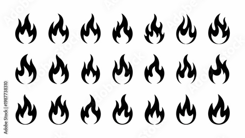 A collection of stylized black flames is displayed on a white background showcasing various shapes and sizes of fire elements high quality professional detailed modern elegant