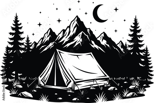 Konstfotografi Black and White Vector Illustration of a Camping Tent in the Mountains Under a C