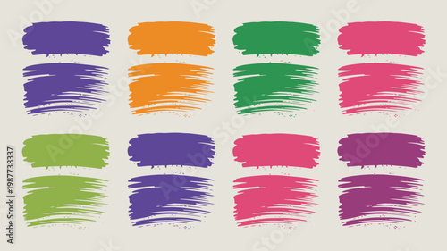 An arrangement of vibrant rectangular brushstrokes in four distinct colors purple orange green and pink high quality professional detailed modern elegant stylish clean crisp colorful digital