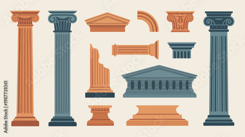 A collection of classical architectural elements including various columns pediments and decorative moldings are displayed in warm tones high quality professional detailed modern elegant stylish clean