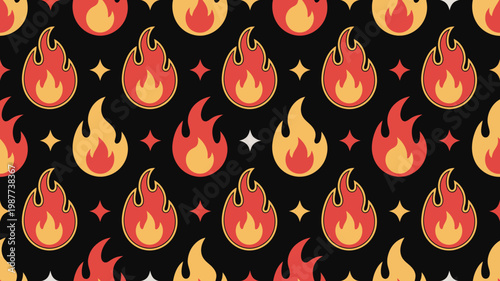 A repeating pattern showcases vibrant flames and star shapes against a dark black background creating a fiery and energetic visual high quality professional detailed modern elegant