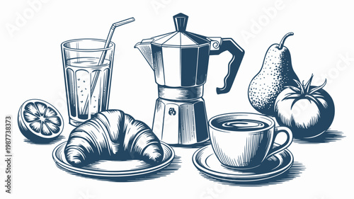 A vintage style illustration depicts a breakfast spread featuring coffee juice fresh fruit a croissant and a moka pot high quality professional detailed modern elegant stylish