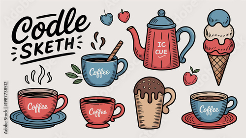 A colorful doodle illustration features various beverages and sweets including coffee ice cream and tea arranged on a beige background high quality professional detailed modern elegant