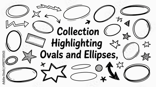 A collection of hand drawn shapes including ovals ellipses stars arrows and rectangles scattered across a white background high quality professional detailed modern elegant stylish clean