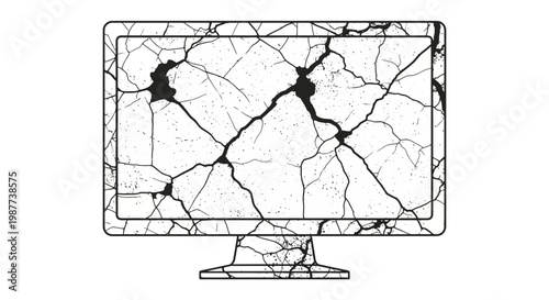 Broken computer monitor screen with cracks, isolated on white background
