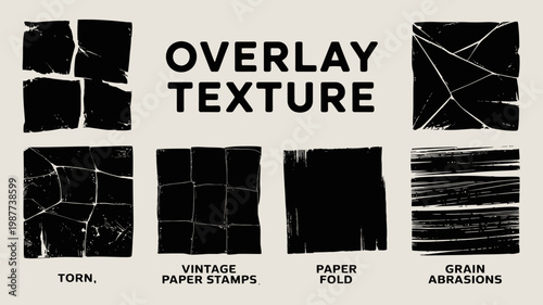 A collection of black abstract textures and patterns are displayed alongside the words overlay texture in bold lettering high quality professional detailed modern elegant stylish clean