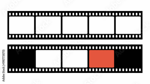 A graphic depiction of two strips of 35mm film with empty and one red frame representing cinema or videography high quality professional detailed modern elegant stylish