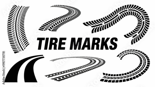 A collection of stylized tire track illustrations depicts various curves and straight paths alongside the text tire marks high quality professional detailed modern elegant stylish clean