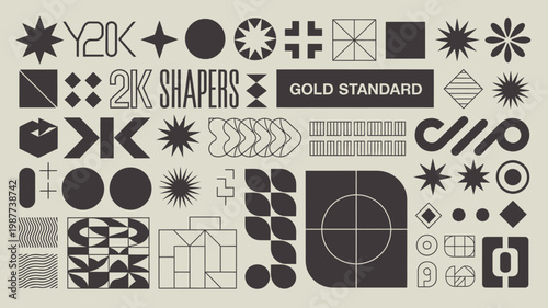 A collection of abstract black shapes and geometric patterns are arranged on a light beige background accompanied by text reading y20k shapers high quality professional detailed
