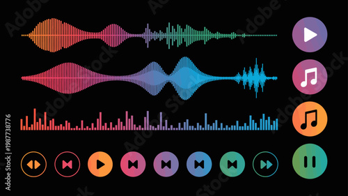 An abstract representation of sound waves and music controls is displayed against a dark solid black background high quality professional detailed modern elegant stylish clean crisp