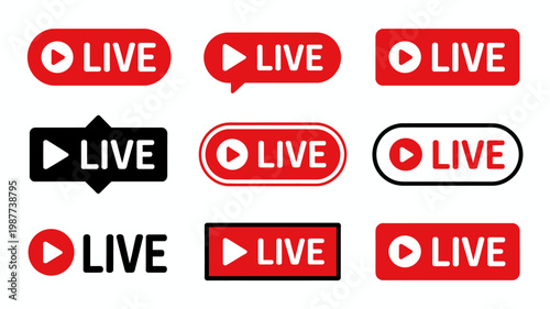 A collection of red and black live broadcast icons in various shapes including circles rectangles and speech bubbles high quality professional detailed modern elegant stylish clean