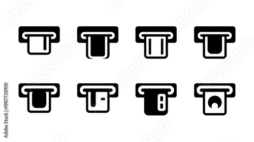 A collection of eight black and white icons depicting different views and states of a credit card or atm card high quality professional detailed modern elegant