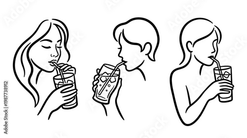 People Drinking Beverages with Straws Line Art