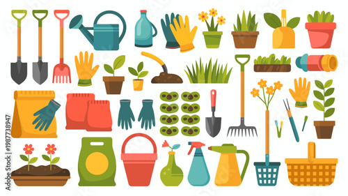 A colorful assortment of gardening tools and supplies including shovels pots gloves and seeds arranged on a white background high quality professional detailed modern elegant stylish