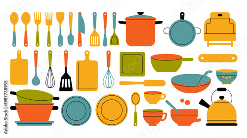 A colorful flat lay illustration depicts a variety of kitchen utensils and cookware arranged in a visually appealing composition high quality professional detailed modern elegant stylish