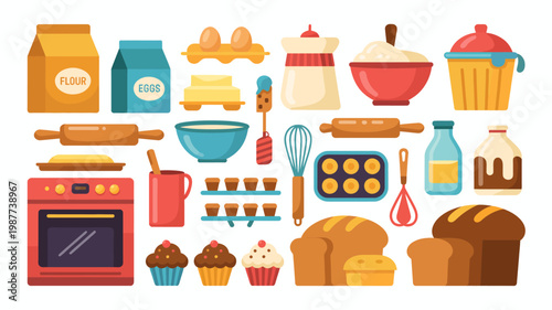 A colorful collection of baking ingredients and finished goods are displayed including flour eggs butter and various sweet treats high quality professional detailed modern elegant stylish