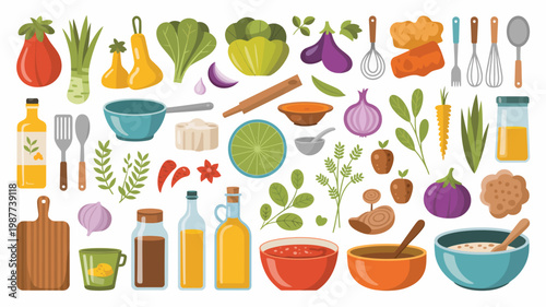 A colorful flat lay illustration depicts a variety of fresh vegetables fruits cooking utensils and ingredients for a healthy meal high quality professional detailed modern elegant