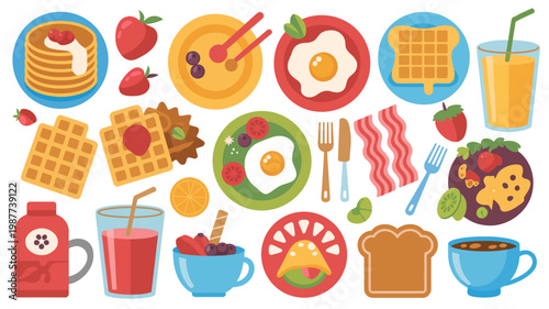 A colorful collection of breakfast foods is displayed including pancakes waffles eggs fruit and beverages arranged in a playful pattern high quality professional detailed modern elegant