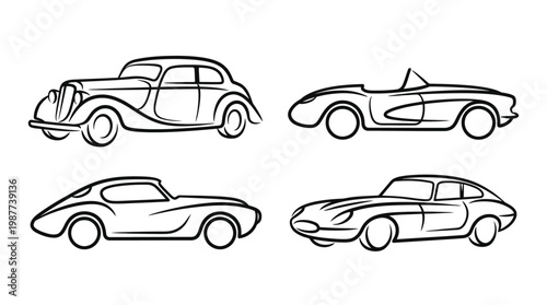 Line Art Set of Classic Cars and Sports Cars