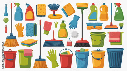 A colorful collection of cleaning supplies and tools is displayed including spray bottles brushes buckets gloves and cloths high quality professional detailed modern elegant stylish clean