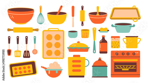 A colorful assortment of baking tools and cookware is displayed including bowls utensils and baking sheets arranged on a white background high quality professional detailed modern