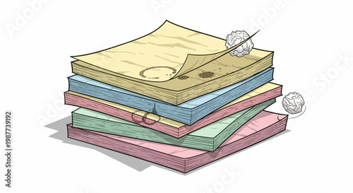 Stack of messy, stained sticky notes with crumpled paper balls