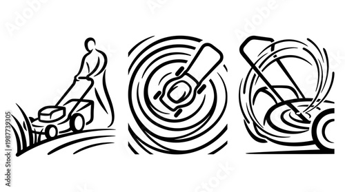 Lawn Mowing Process in Black and White