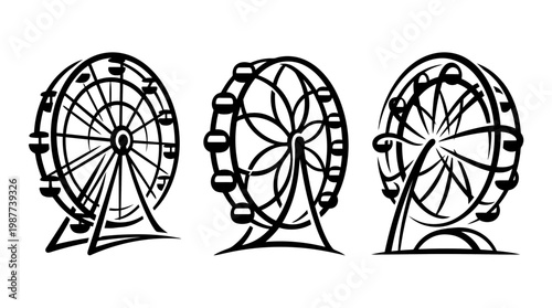 Set of Three Ferris Wheel Line Drawings