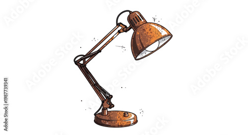 Vintage desk lamp illustration, rusty metal, adjustable arm, white background