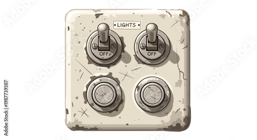 Vintage light switch panel with four toggles, showing signs of age and wear.