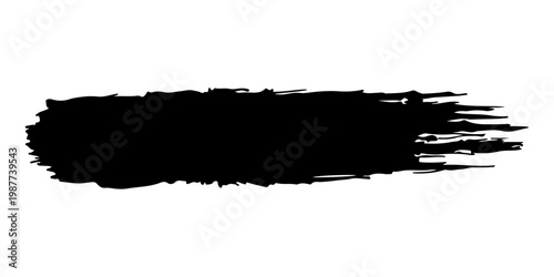 bold black style paint brush stroke with rough, textured edges and visible bristle marks. The stroke features a dense, opaque center that gradually fades into dry brush streaks toward the ends.