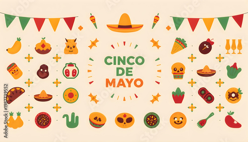 Colorful fruit icon set on an abstract orange background with a playful cartoon style for holiday and celebration design