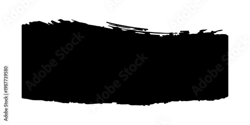bold black style paint brush stroke with rough, textured edges and visible bristle marks. The stroke features a dense, opaque center that gradually fades into dry brush streaks toward the ends.
