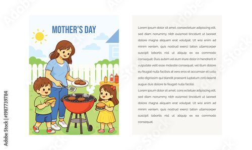 Happy Family BBQ Scene Mother’s Day Card Outdoor Mom and Kids Illustration
