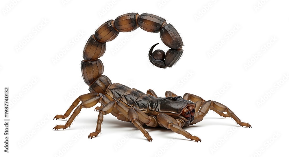 Fototapeta premium A large brown scorpion curled up defensively on a surface