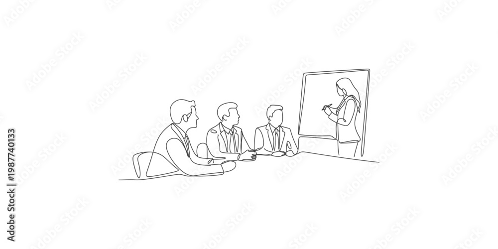 Fototapeta premium Continuous line drawing of businesswoman presenting to three colleagues in a meeting