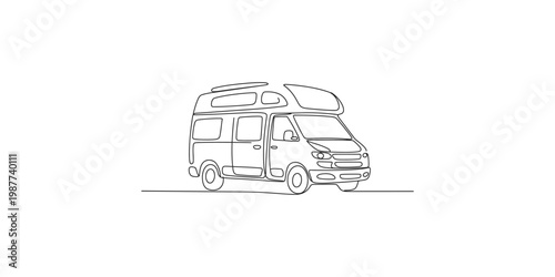 Continuous line drawing of a camper van with a popup roof on a white background
