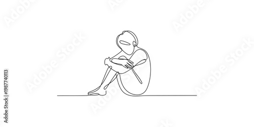 Continuous line drawing of a person sitting alone in a contemplative or melancholic pose isolated on white background