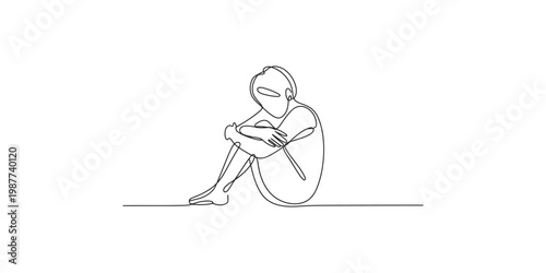 A line drawing of a bed with a plant and nightstand in a simple minimalist bedroom setting with white background