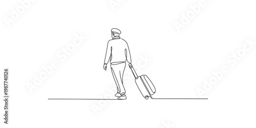A minimalist line drawing of a man walking with a suitcase in a simple continuous line style on white background
