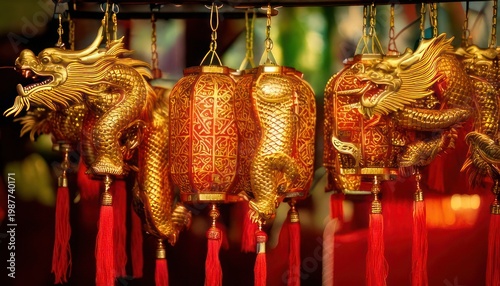 Golden dragons and lanterns - A vibrant display of Chinese culture.