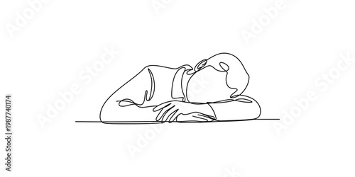 Continuous line drawing of a person sleeping on their side with hands under head