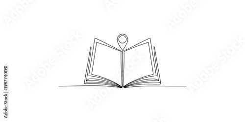 A line drawing of an open book with a location pin on top, symbolizing navigation and education