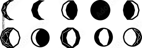 Collection Of Black And White Moon Phase Icons With Geometric Type Silhouette In Black Color