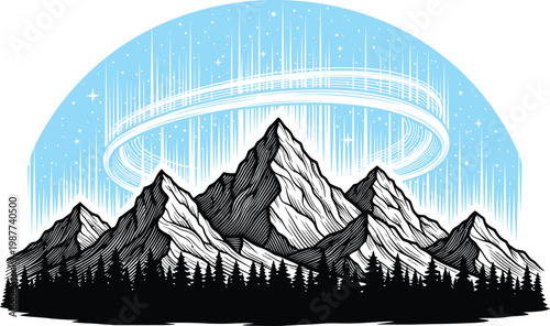 Majestic Mountain Range with Glowing Aurora Borealis Rings and Vertical Light Beams Over a Dark Pine Forest Silhouette Illustration Graphic