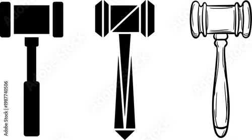 Set Of Gavel Icons In Various Styles For Legal And Justice Themes Type Silhouette In Black Color