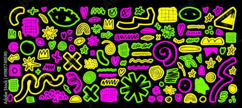 Funky neon colored doodle scribble stickers collection. Hand drawn vector doodle cyberpunk stickers. Futuristic y2k notebook scrapbook clipart. Crayon and brush drawn pink parches and labels.
