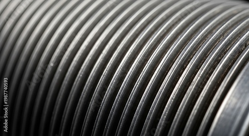 Close-up view of a metallic ribbed surface, possibly a heat sink or a threaded component, showcasing its intricate texture and parallel grooves.